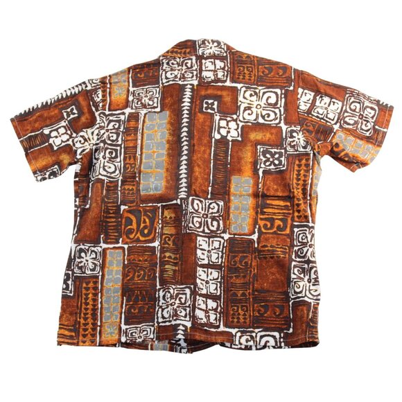 Vintage 90's Montgomery Ward XL Tapa Cloth Brown Tiki Hawaiian Tribal Shirt - Picture 2 of 9